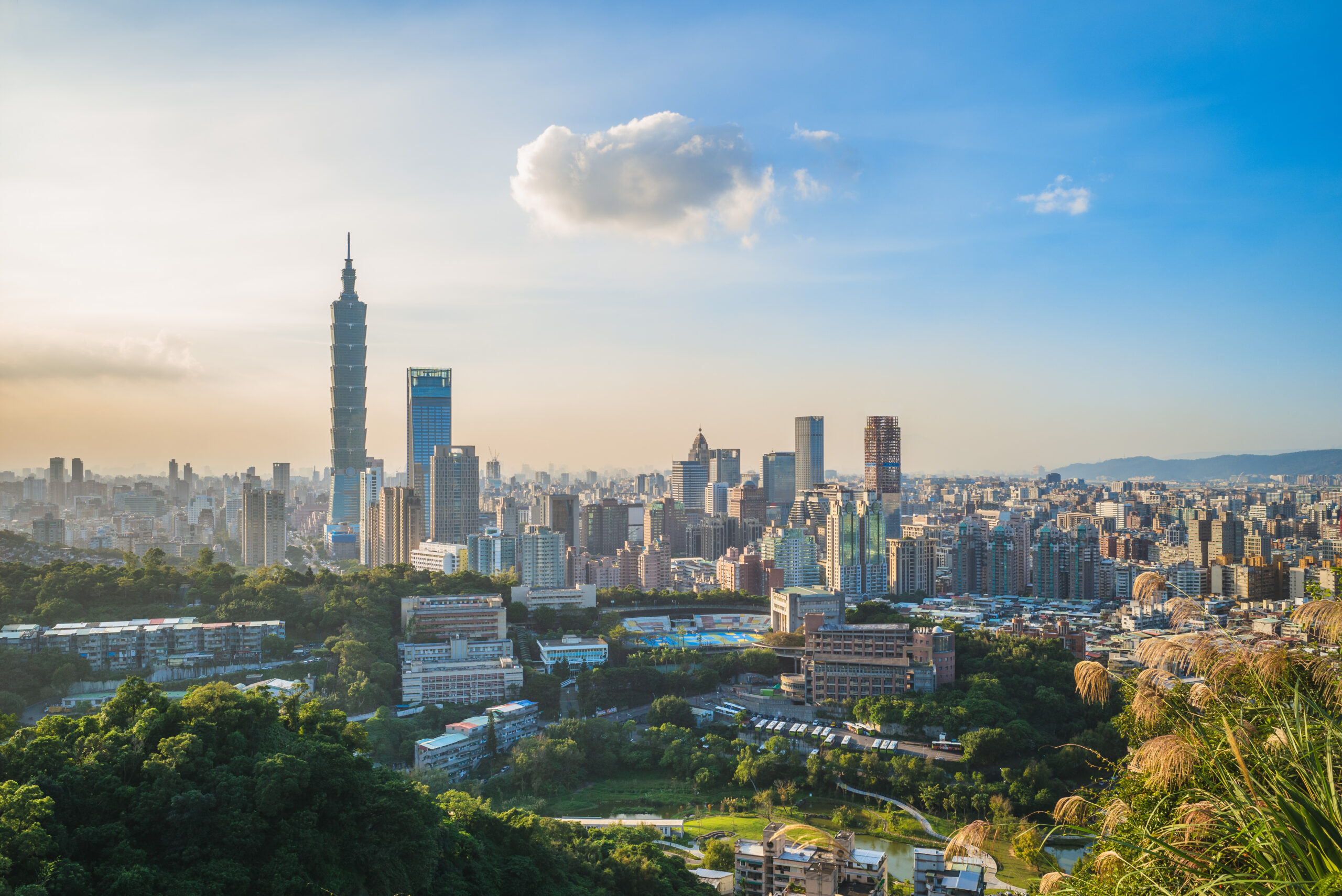 台北市天際線圖展現了標誌性的台北101大樓，是鴻霖全球總部的所在地。