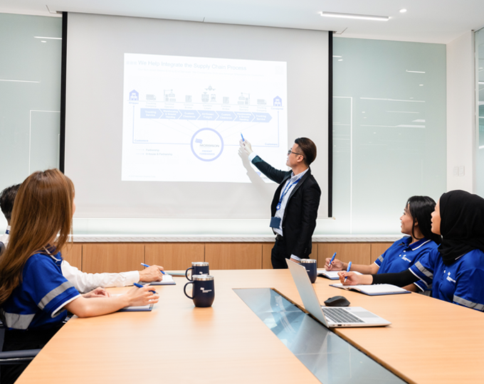 Morrison employees in a conference room being briefed on client onboarding and implementation process.  