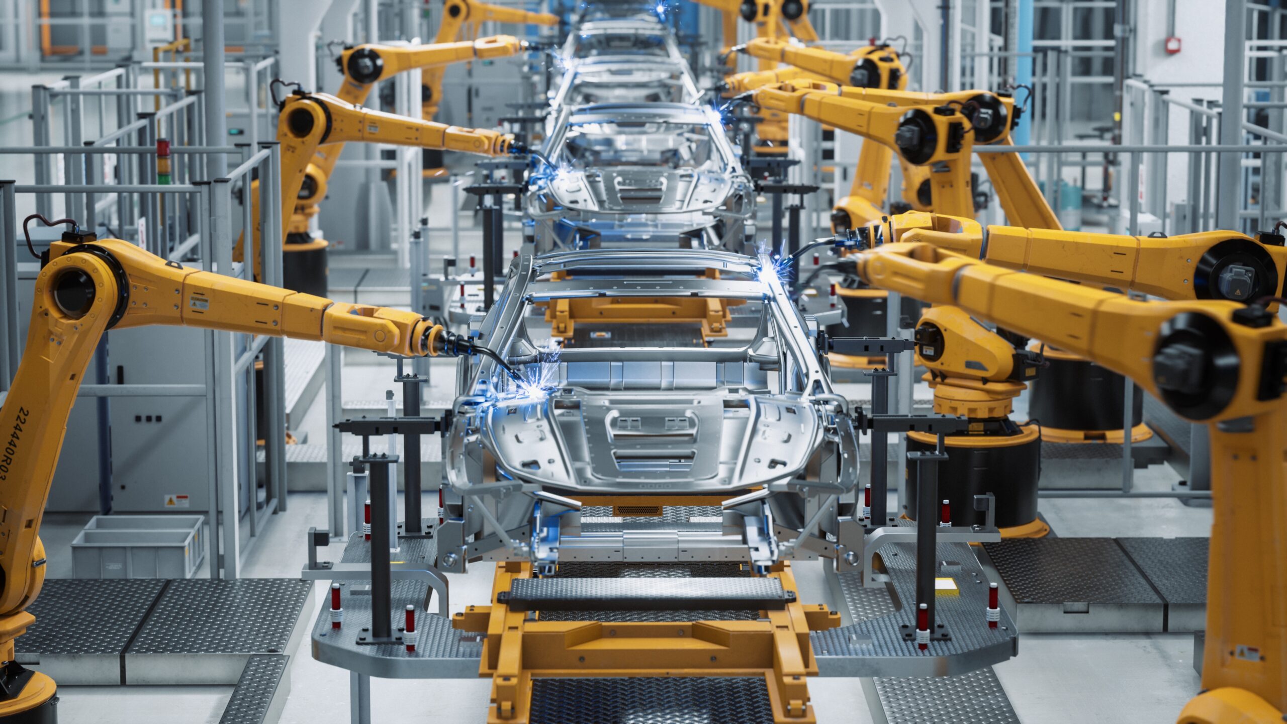 An automotive production line with robotic arms working on car frames.