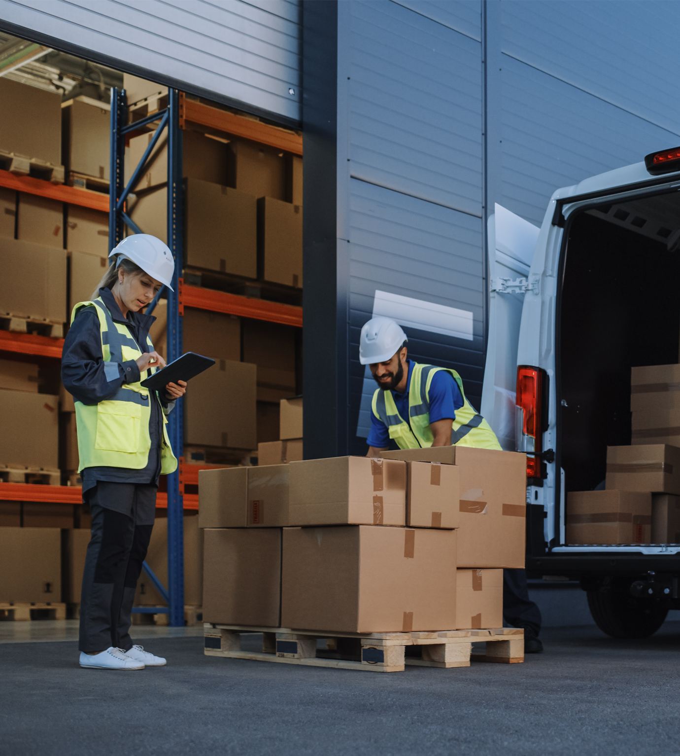 Two warehouse workers loading boxes into a van for final mile delivery. 