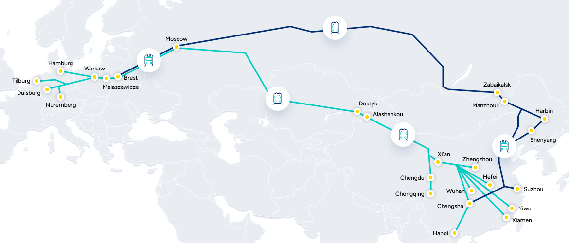 鸿霖铁路运输服务连接中国到欧洲的主要货运枢纽。