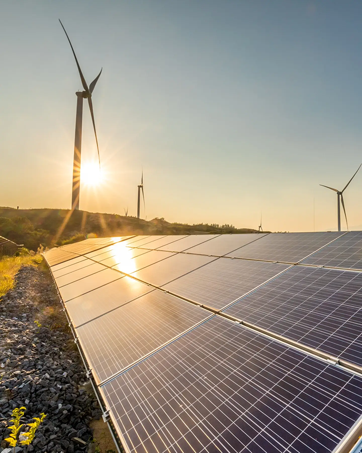 A sunny landscape filled with solar panels and several wind turbines.